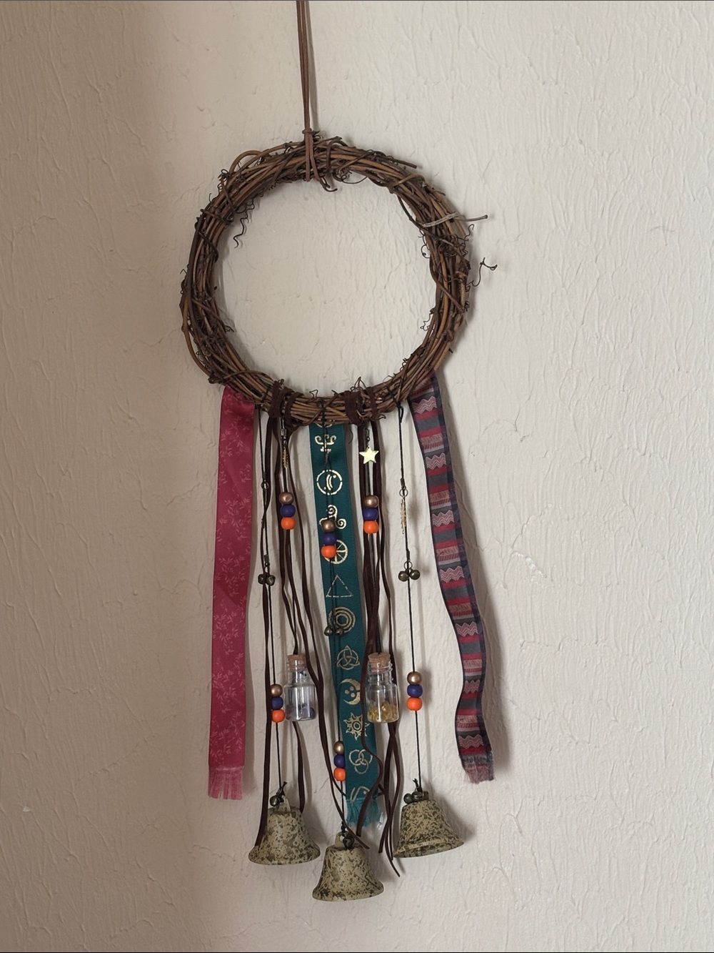 **NEW** Boho Wall Hanging Wind Chime – Teal, Pink, and Brown